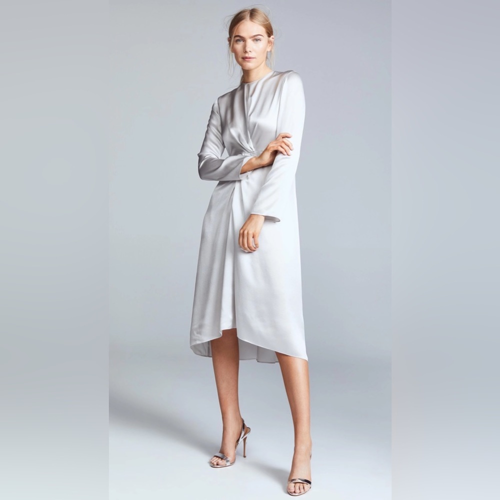 NWT Vince Twist-front Long-sleeve Silk Midi Dress In Grey